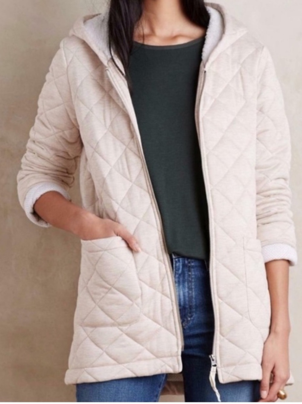 Anthropologie Quilted Hooded Jacket - Cream